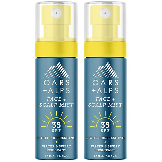 Oars + Alps Face & Scalp Sunscreen Spray Mist, SPF 35 Facial & Hair Sunscreen, Protects from Blue Light, Incfused with Aloe Vera + Cucumber, Water & Sweat Resistant, Summer Splash Scent, 2pk