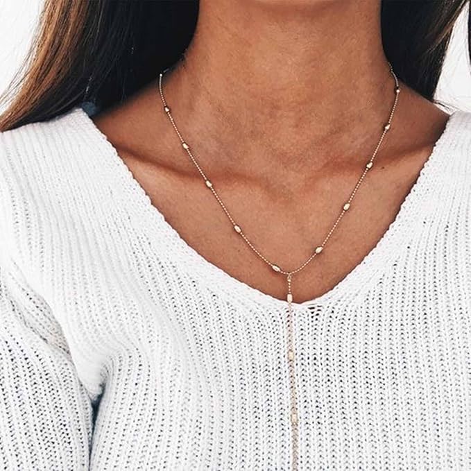 Bohemia Layered Y Lariat Choker Necklace Long Rhinestone Tennis Chain Necklace Floating Pearl Choker Necklace Gold Y Drop Necklace Chain Jewelry for Women and Girls