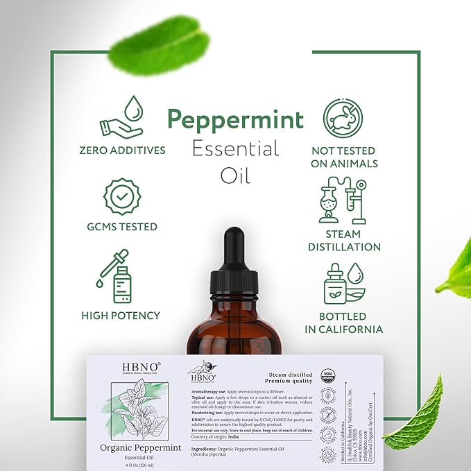 HBNO California Bottled Organic Peppermint Essential Oil (Mentha Piperita) 4 fl oz (120ml) - USDA Certified Organic Peppermint Oil for Hair - Perfect for Aromatherapy
