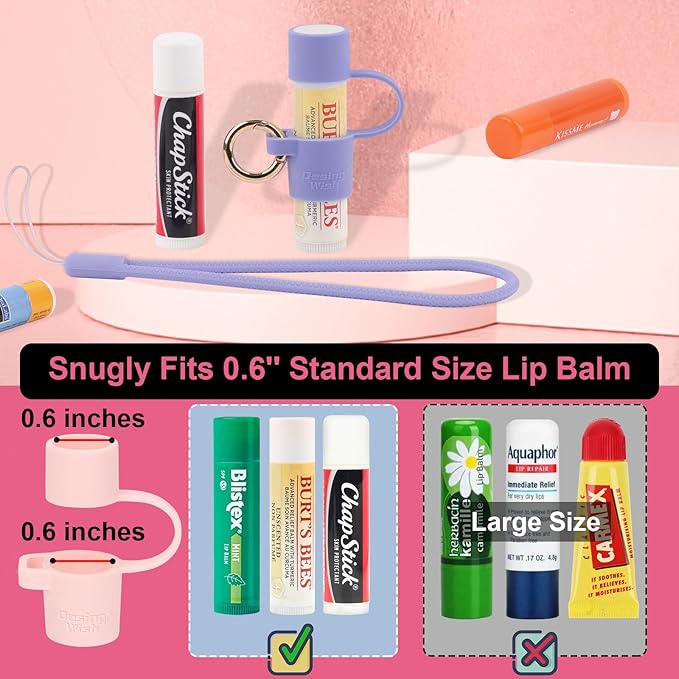 Desing Wish Silicone Lip Balm Holder with Cap Cover Portable Chapstick Holder Keychain Sleeve Lip Balm Key Chain with Key Ring and Wrist Strap Lanyard - Rose