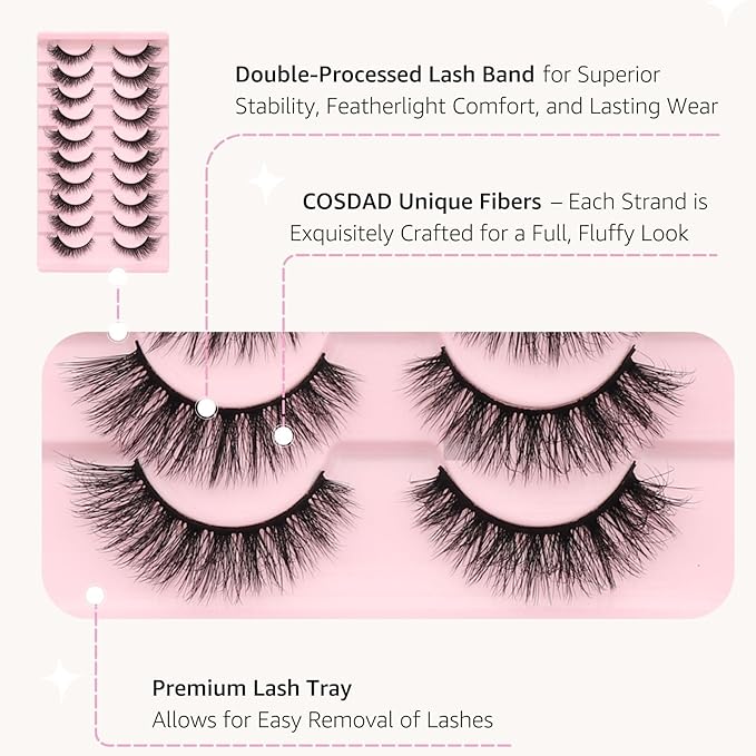 Cat Eye False Eyelashes – Natural Look, Wispy & Lightweight Glue-On Lashes, Reusable Fake Eyelashes for Everyday & Party Makeup (10 Pairs)