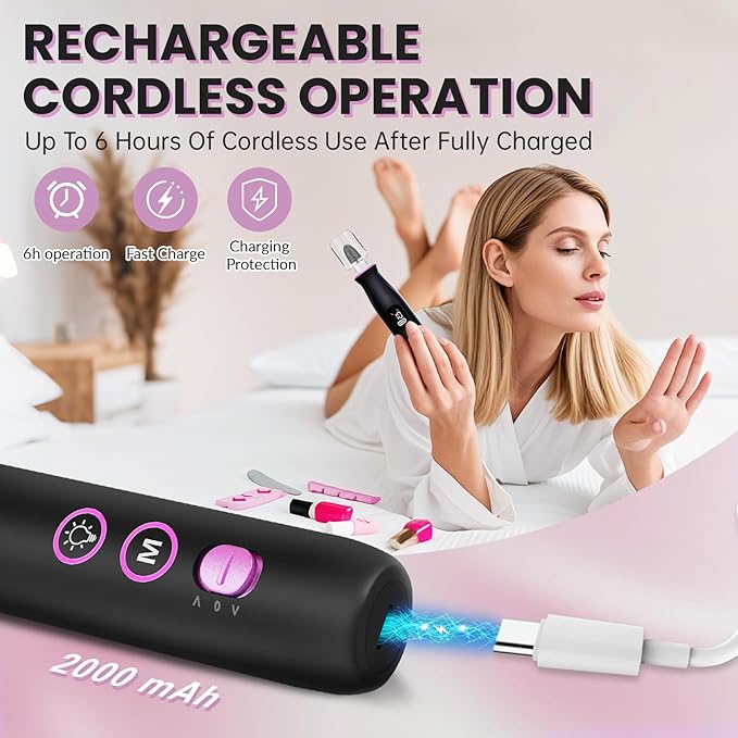 Electric Nail Drill, Cordless 2000 mAh Rechargeable Portable Nail File 12 in 1 Kit for Thick Toenails, 10 Speeds Nail Dril Machine Professional Manicure Pedicure for Hand Natural Nails Care (Black)