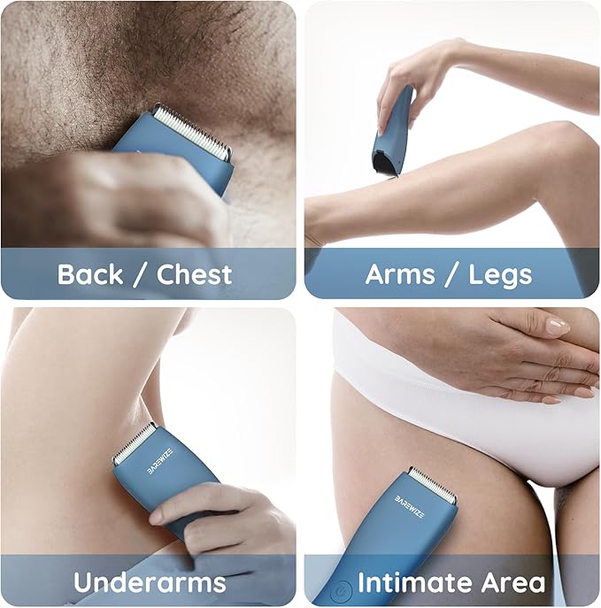 Body Hair & Pubic Hair Trimmer for Men & Women, Painless Electric Body & Bikini Shaver | Waterproof, Type-C Rechargeable, LED Light, Replaceable Blade, Manscape Personal Groomer (Denim Blue)