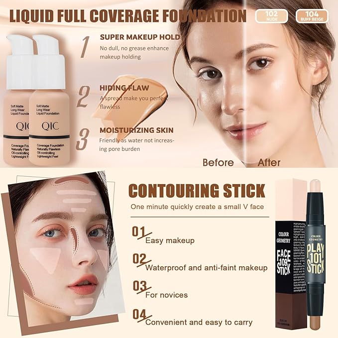 All in One Makeup Kit for Women,Includes Naked Eyeshadow,Liquid Foundation,Lipstick Set,Mascara,Makeup Brush,Makeup Sponge,Eyebrow Powder,Eyebrow Soap,Eyeliner Stamp,Primer,Contour Stick,Makeup Bag