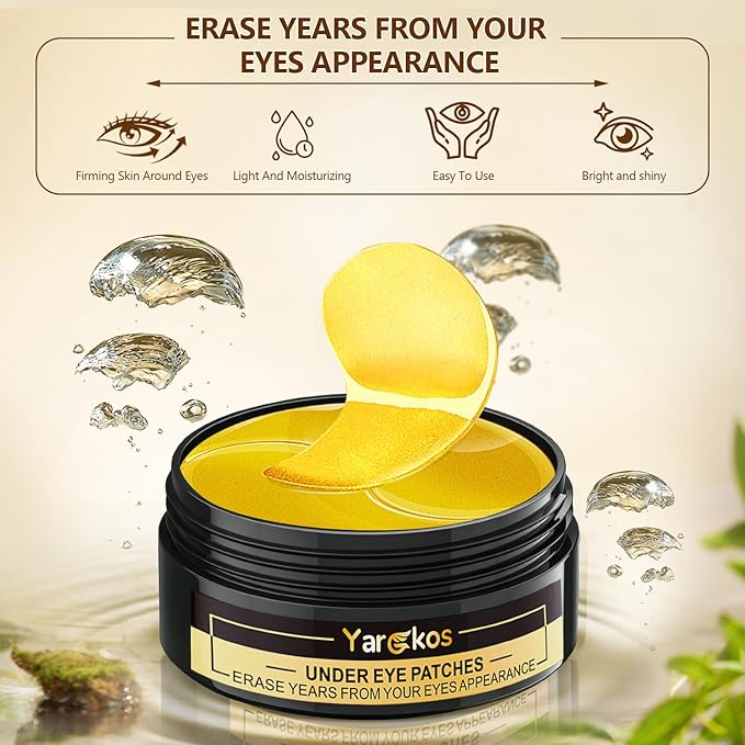 60 Pcs 24K Gold Under Eye Patches with 5 Pieces Travel 24K Golden Eye Mask, 30 Pairs Women Undereye Mask for Dark Circles Puffy Eyes Treatment, Men Gel Pads Hydrating for Puffiness Wrinkle