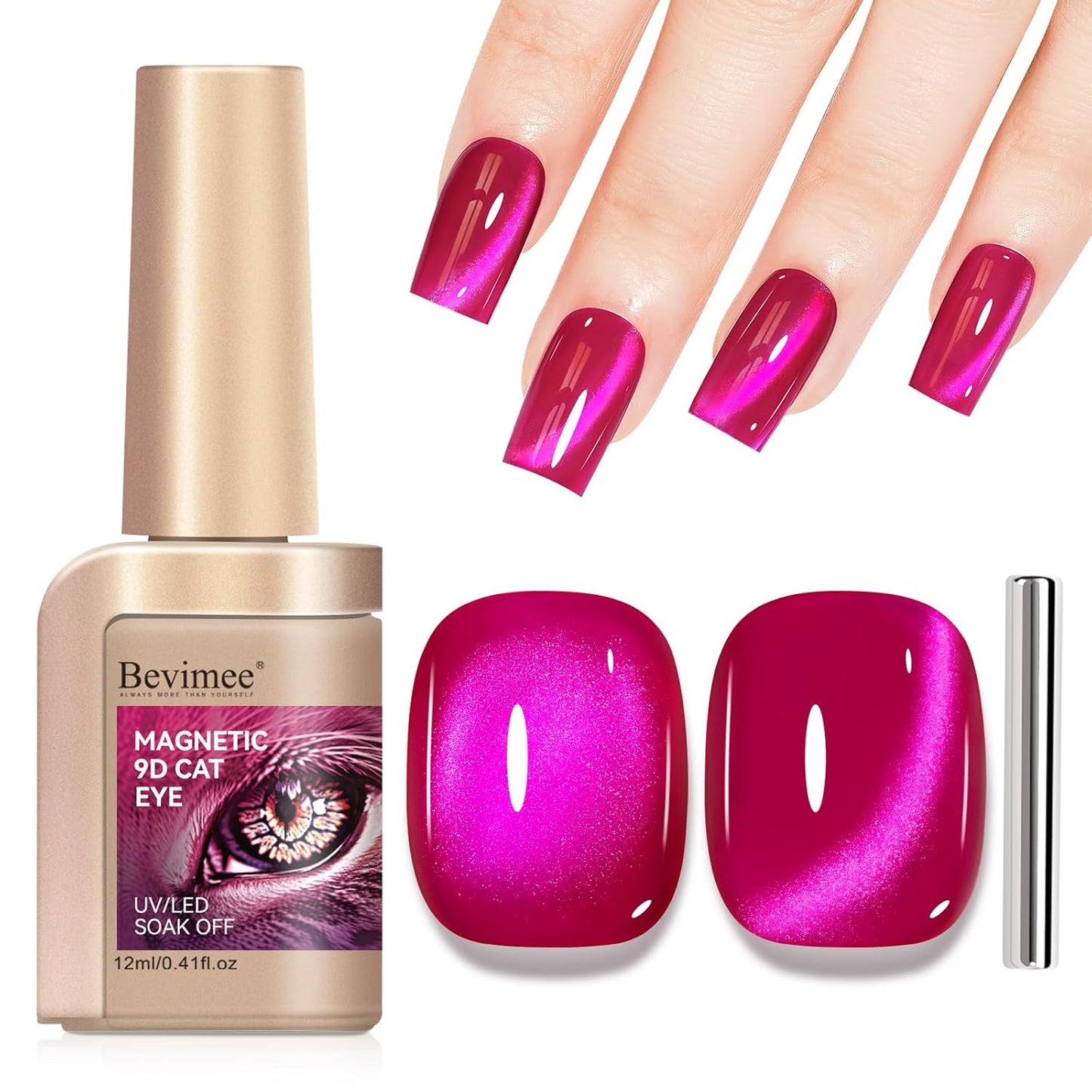 Cat Eye Gel Nail Polish, Jelly Hot Pink Manetic Nail Polish Glitter Holographic with Magnet, Glass Reflective Translucent UV Gel Manicure Salon DIY At Home