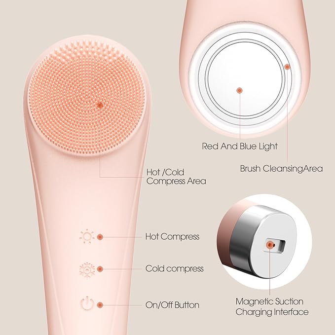 Facial Cleansing Brush,Silicone Face Scrubber,Pore Scrubber for Women Men,IPX7 Waterproof Exfoliating Face Brush,Rechargeable Electric Face Scrub,Pink