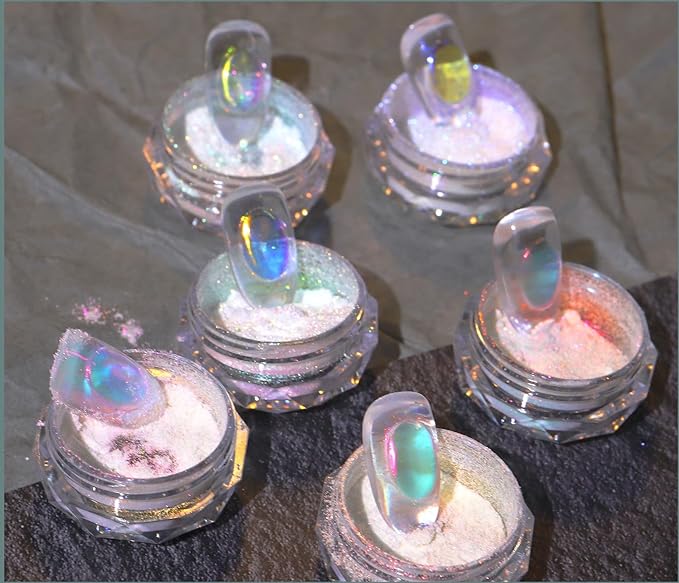 3 Boxes Ice Transparent Aurora Nail Powder Neon Rainbow Holographic Chameleon Powder Multi Chrome Iridescent Pigment Pearlescent Nail Art Glitters(Transparent#4#5#6)