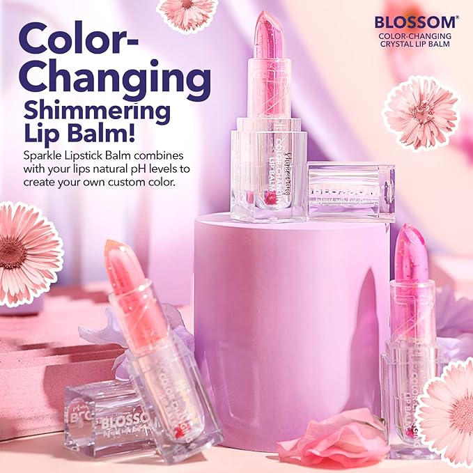 Blossom Moisturizing Color Changing Shimmering Lip Balm Sparkle Lip Stain Tint, Infused with Real Flowers, 3g, Electric Pink
