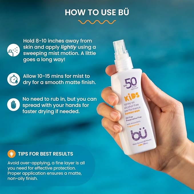 BU SPF 50 Fragrance Free Kids Sunscreen Spray for Face and Body, TSA Travel Size Sunscreen, Clear Non Aeorsol Spray, Non Greasy, Water Resistant and Oil Free, 3.3 oz (3-pack)
