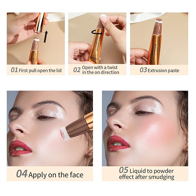 3pcs Contour Beauty Wand, Blush Wand and Liquid Highlighter Wand with Cushion Applicator, Long Lasting Silky Smooth Blendable Contour Highlighter Blush Stick,Cruelty Free,Contour +Blush +Highlighter Set（#01+#03+#05）