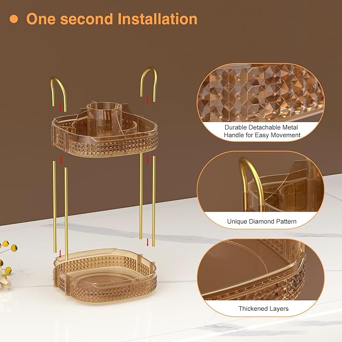 Awenia Rotating Makeup Organizer 360, Stackable Adjustable Large Capacity Cosmetic Storage Unit,Dresser Bathroom Kitchen Countertop Organizer with Metal Handle, Plus Size (Honorable Gold, 2 Tier)