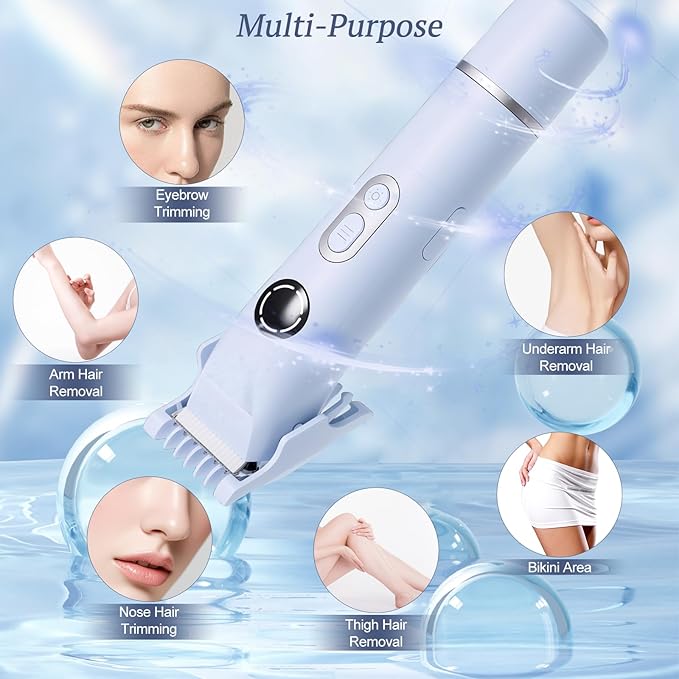 Bikini Trimmer for Women, 4 in 1 Wet/Dry Electric Razors for Women - Dual Head, Painless Rechargeable Portable Womens Razors for Shaving Set for Face, Nose, Eyebrows, Armpits, Bikini Area (Blue)