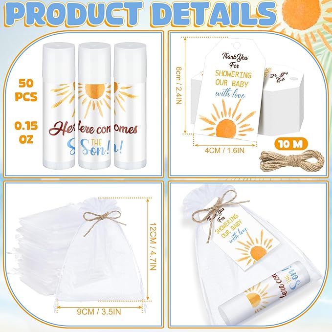 Dunzy 50 Pack Here Comes the Son Baby Shower Party Gifts Lip Balms Favors Bulk for Guests Boys Girls Gender Reveal Favors Baby Shower Game Prizes Souvenirs Goodie Bags Stuffers Thank You Gifts