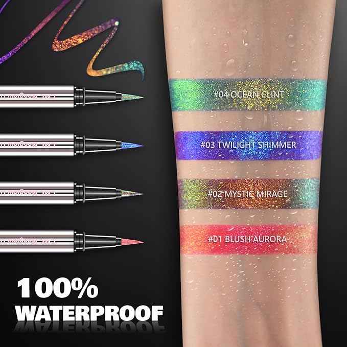 CHARMACY Chameleon Liquid Eyeliner, Liquid Glitter Eyeliner, Highly Pigmented, Metallic MultiColor Shifting waterproof Eyeliner, Ultra-Fine Tip, Longwearing, Smudge-proof (A04 Ocean Glint)