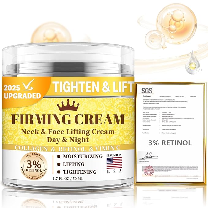 3% Retinol Cream Face Moisturizer, Anti Aging Neck Firming Cream with Collagen, Day & Night Face Cream with Hyaluronic Acid, Lifting & Tightening Wrinkle for Women & Men (1.51 Fl Oz (Pack of 1))