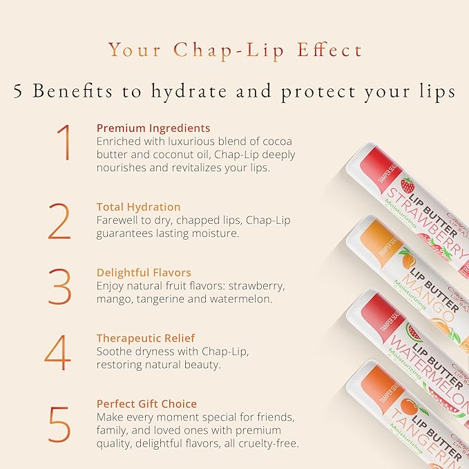 CHAP-LIP Lip Balm 48 Ct. with Fruit Flavors, Cocoa Butter, Coconut Oil | Moisturizing Vitamin E & Total Hydration Treatment & Soothing Lip Therapy (48 Ct Pack of 12)