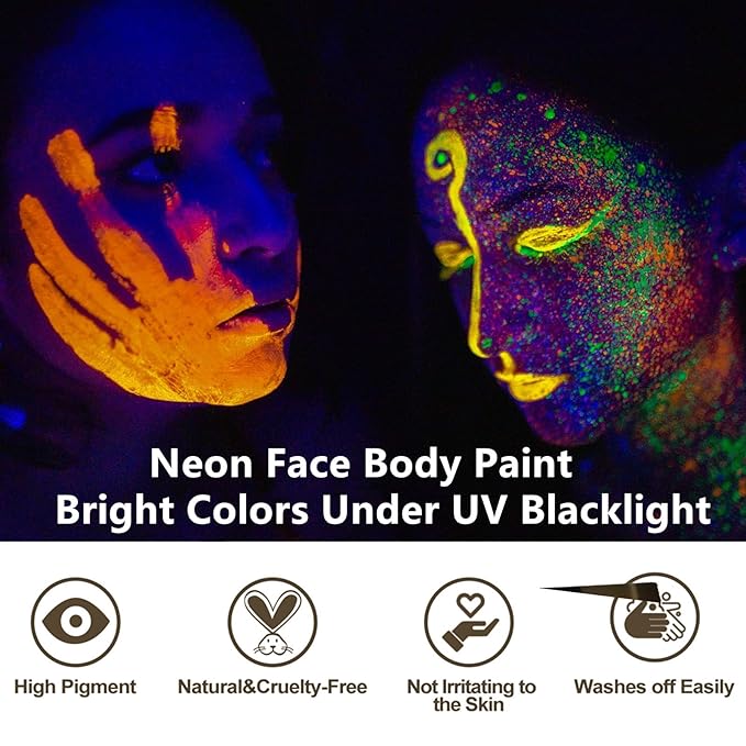 Go Ho Neon Gold Body Paint Washable(2.37oz,70ml),under UV Blacklight Neon Face Paint,Water Based Neon Fluorescent Golden Face Paint for Adults Children SFX Cosplay Costumes Halloween Makeup