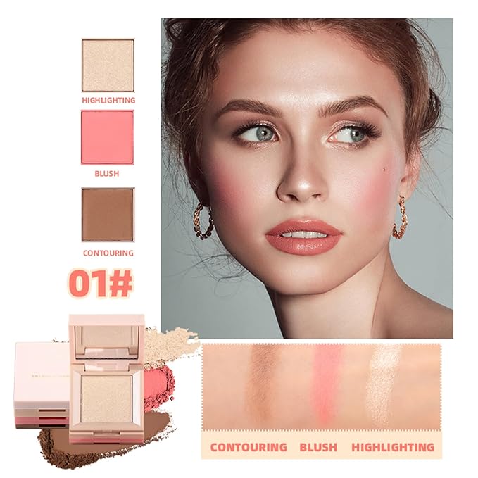 3 in 1 Contour Highlighter Blush Makeup Palette, Shimmer Matte 3 Colors Pigmented Brighten Highlighting Bronzer Blusher Eyeshadow Pallet, Long Lasting Shaping Full Face Eyes Makeup kit with Mirror