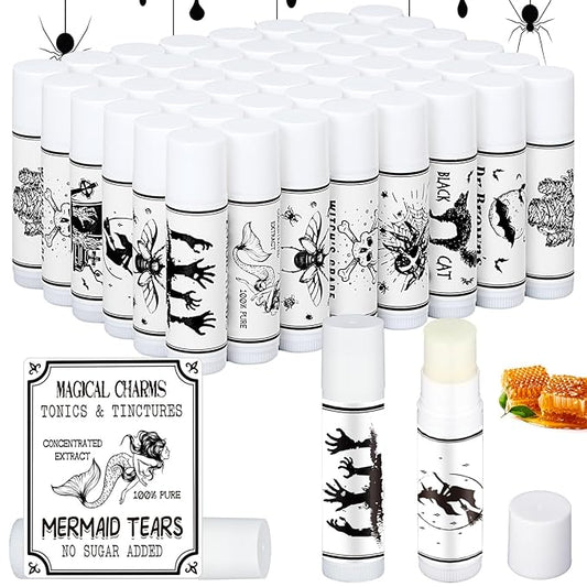 50 Pcs Halloween Spooky Lip Balm Gifts Bulk Vintage Apothecary Skull Lip Balm Favors Honey Flavor Lip Balms Halloween Party Supplies Goodies Halloween Treat Bag Stuffer for Kids Adults