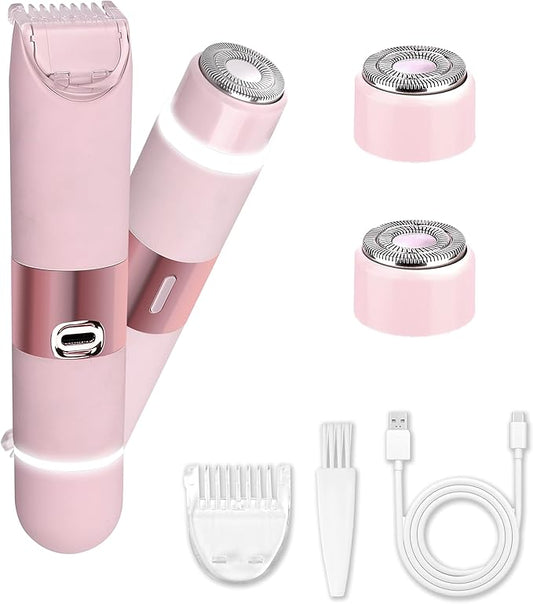 Bikini Trimmer for Women, Glow Aura Womens Shaver, Quiet Dual Head Waterproof Cordless Rechargeable Painless Trimmer for Underarms, Legs, Body (Pink)