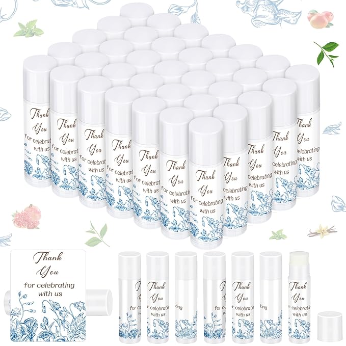 Dunzy 50 Pcs Thank You Gift Lip Balm Bulk Baby Shower Party Favors Bridal Shower Favor Lip Care with Assorted Fruit Flavors Thank You Lipstick for Guest Basket Gift Stuffer (Blue and White Porcelain)