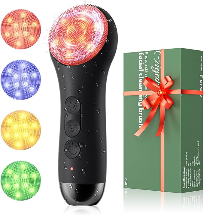 Facial Cleansing Brush: Rechargeable LED Electric Face Cleansing Brush with 4 Gentle Light Liquid Silicone Modes Face Scrubber Exfoliator,IPX7 Waterproof Ideal Gift for Men and Women-Black