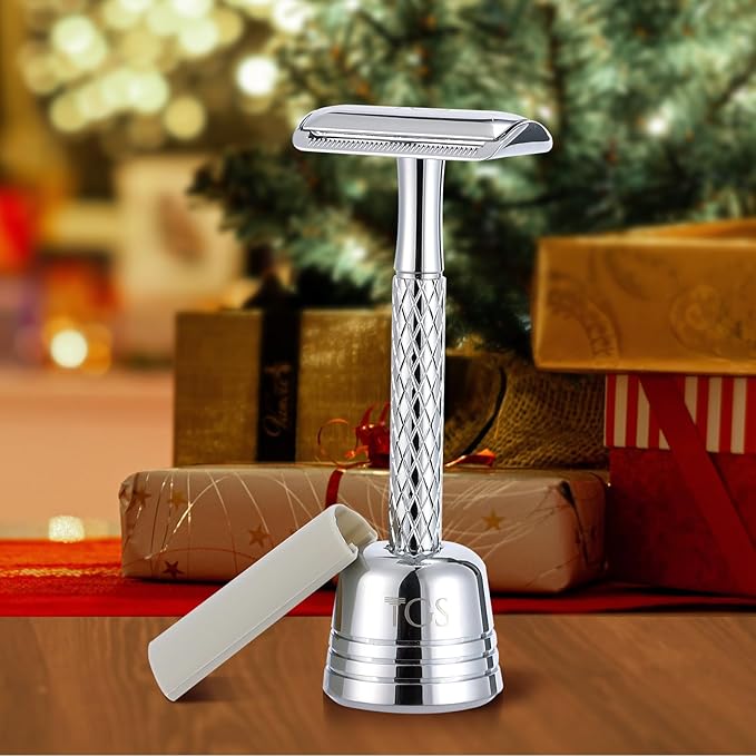 Double Edge Safety Razor for Men with Stand and Silicone Cover - Durable Metal Eco-Friendly Single Blade Safety Razor with 10 Blades- Closed Smooth Shave (Silver)