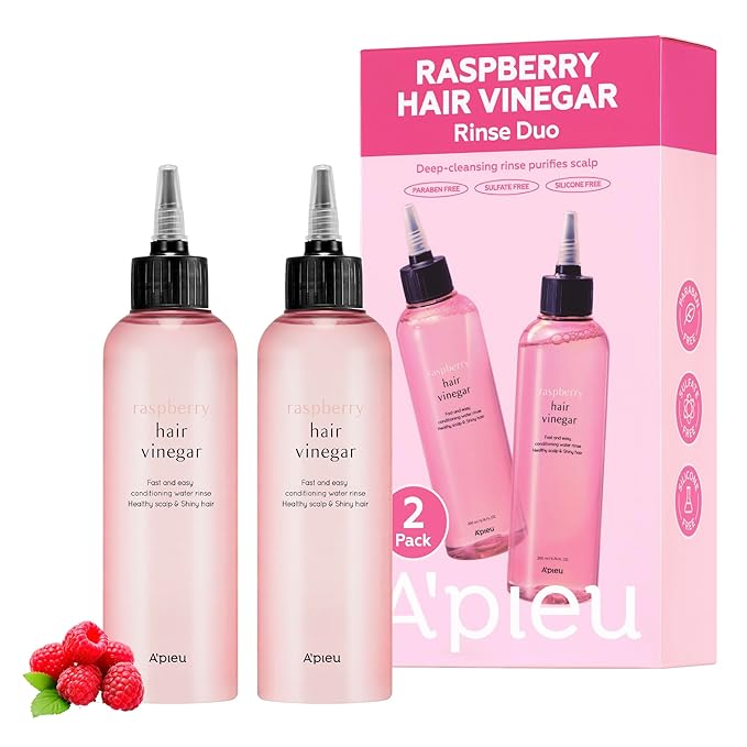 A’PIEU Raspberry Hair Vinegar Duo Set – 2 Pack Clarifying Scalp Cleanser & pH Balancing Hair Rinse, Removes Buildup & Dandruff, Detox Treatment for Oily Scalp, K-Beauty Hair Care, 6.76 fl oz x 2