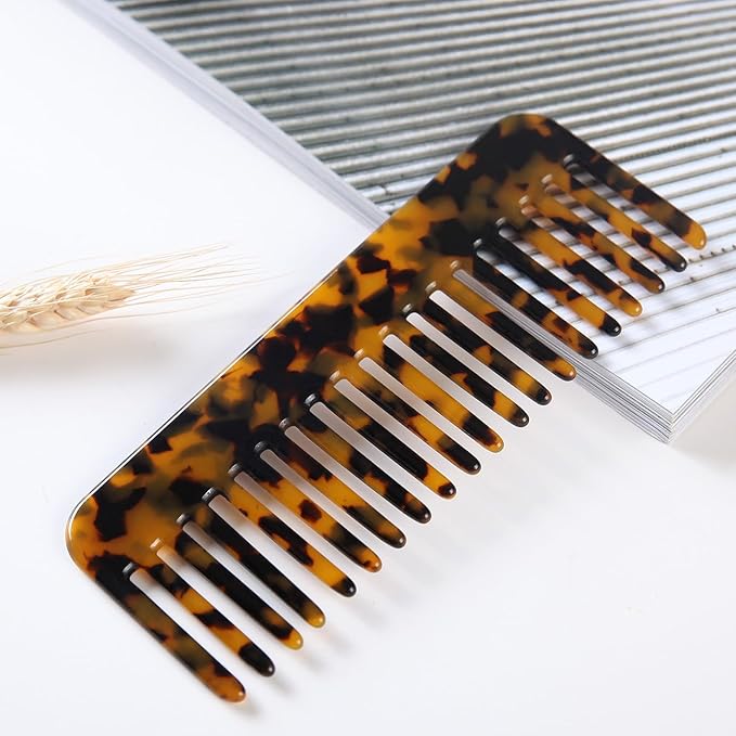Fsmiling Wide Tooth Comb Large Detangling Comb Cellulose Detangler Comb for Women Thick Curly Wavy Wet Dry Hair 2 Pack,Tortoise shell