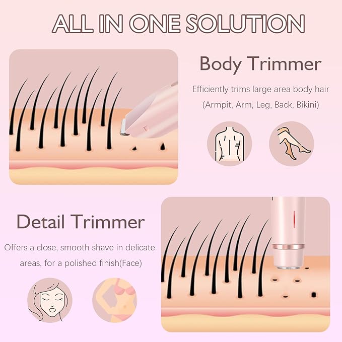 Bikini Trimmer for Women, 2 in 1 Dual-Head Electric Razors for Women Pubic Hair, Waterproof Wet/Dry Use Body Hair Trimmer Face Shaver, Rechargeable Hair Removal for Bikini Legs Face Underarm Arm Back