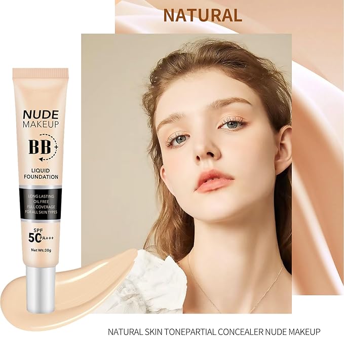 BB Cream Tinted Moisturizer with SPF50, BB Cream Full Coverage Foundation Hide Pore Spot, Hydrating LightWeight Matte BB Cream, Waterproof Long Lasting BB Cream for Oily Skin (Natural)