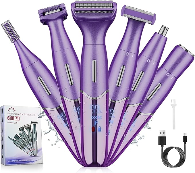 Electric Razor for Women,6 in 1 Women's Bikini Trimmer Shaver for Women & Men Pubic Hair, Private Area, Legs, Eyebrow,Face, Nose, Eyebrow, Body Hair Removal IPX5 Waterproof Wet & Dry