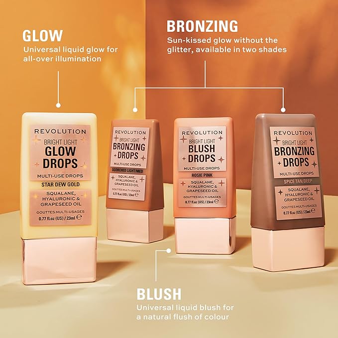Revolution Beauty, Bright Light Bronzing Drops, Bronze & Glow Face & Body Drops Infused with Hyaluronic Acid, Bronze Scorched, 0.77 Fl. Oz.
