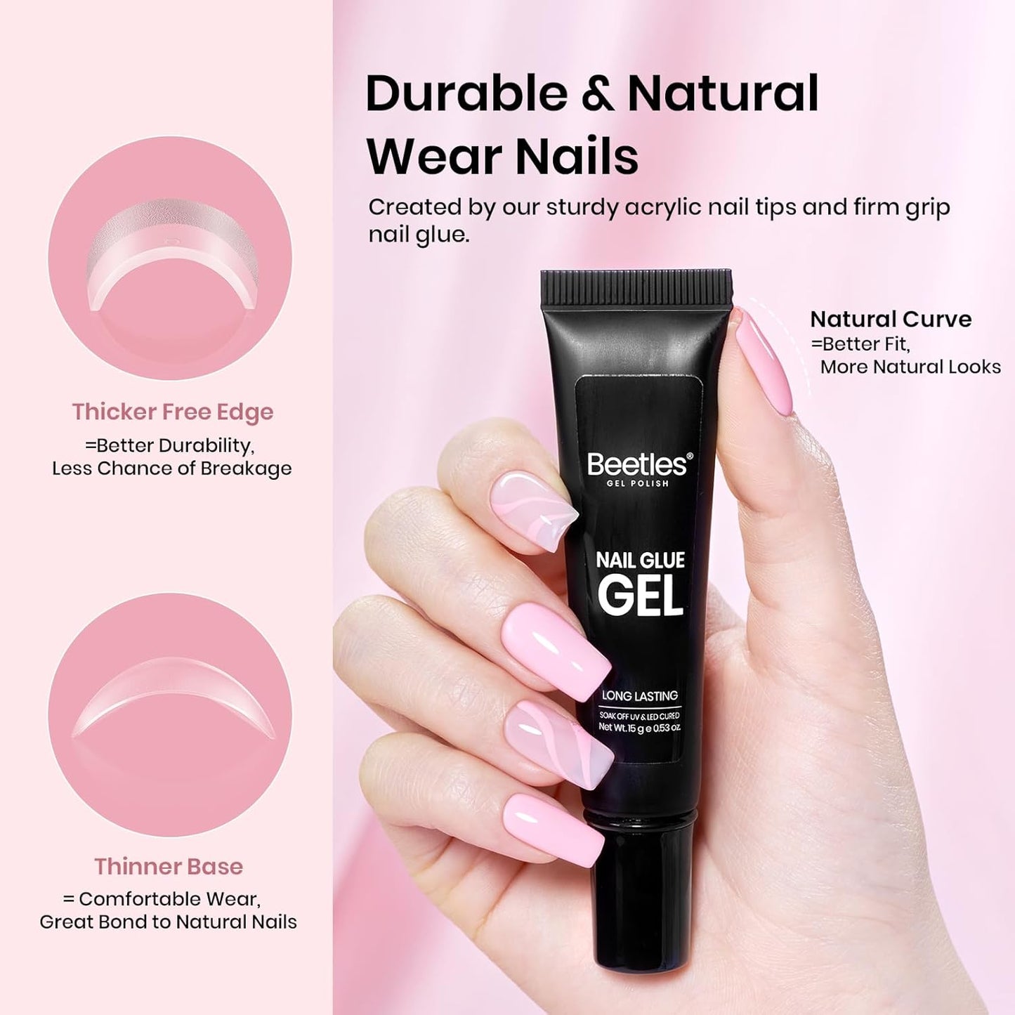 Beetles Gel Nail Kit Short Square with Nail Dehydrator and Primer, 576Pcs Half Matte Etch-X Gel Nail Tips Solid Nail Glue Mini Nail Lamp Acrylic Nail Tips Easy DIY Nail Extension Set Gift for Women