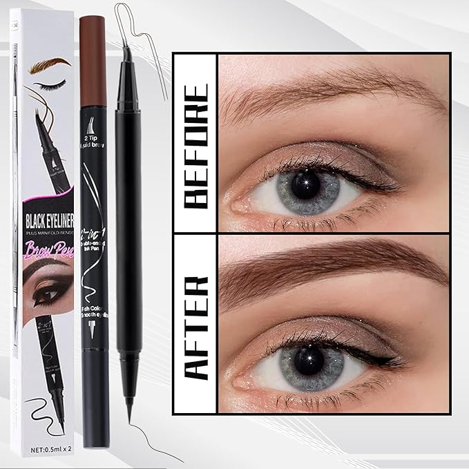 Curved 2 Tip Eyebrow Pen-Light Brown Eyebrow Pencil With Black Eyeliner 2-in-1 Dual-Ended Create Natural Hair-Like Brows,Waterproof,Smudge Proof,Long Lasting All-Day