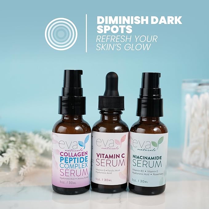 Eva Naturals Firm & Glow Serum Bundle – Vitamin C, Peptide & Niacinamide Serums – Anti-Aging Face Serum Set for Wrinkles, Glow, Pores, Hydration – Collagen Boosting Skin Care Routine