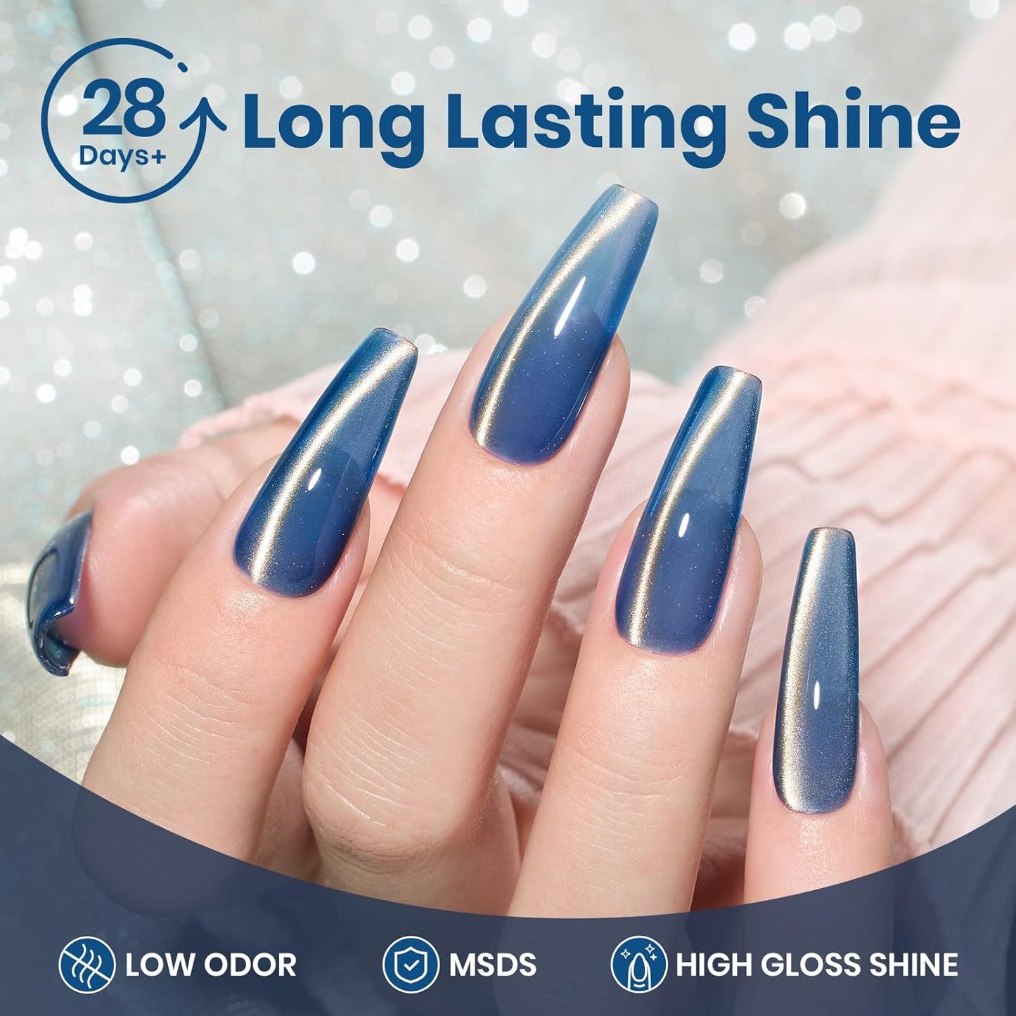 Beetles Blue Cat Eye Gel Nail Polish - Frosted Sapphire Cat Eye Gel Polish, 15ML Gold Powder Blue Glitter Fall Gel Polish Magnetic Shimmer Effect Soak Off UV Nail Art Design Manicure Gifts for Women