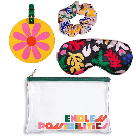 ban.do Getaway Travel Accessories Set, Vacation Essentials Pack Includes Zipper Pouch, Eye Sleeping Mask, Luggage Tag, and Hair Scrunchie, Endless Possibilities