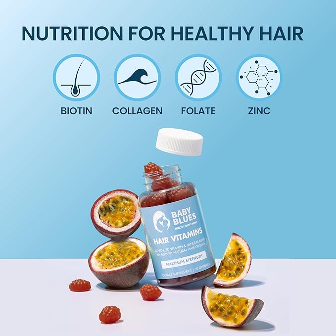Baby Blues Postpartum Hair Loss Vitamins - Passion Fruit Gummies with Biotin, Collagen, & Folate