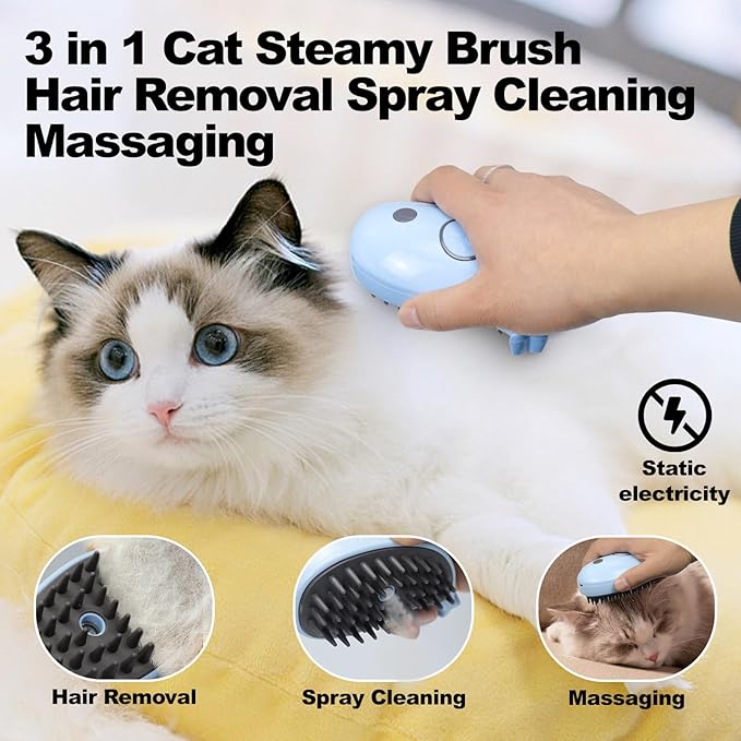 Cat Steam Brush for Shedding, Cat Grooming Brush With Steam, Rechargeable Steam Pet Brush for Dog And Cat, Steamy Cat Brush 3 In1, Self Cleaning Steam Brush for Massage,Clean and Removing Loose Hair