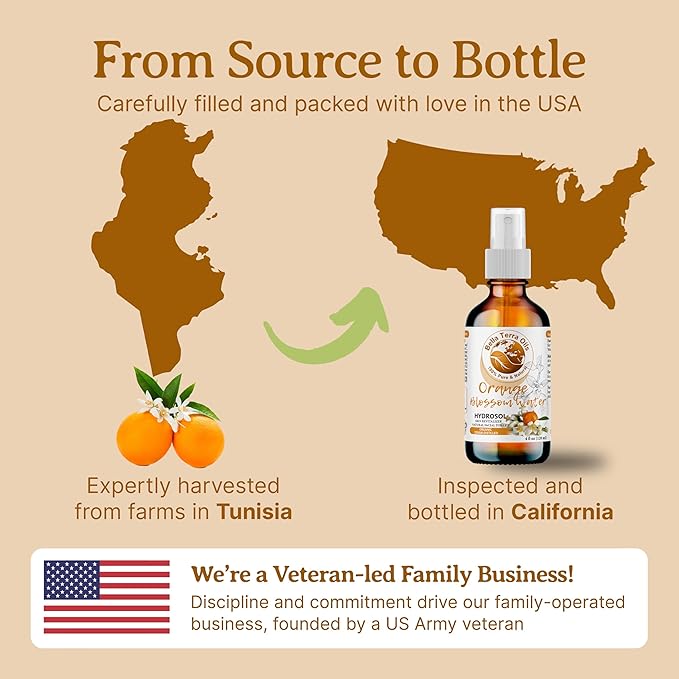 Bella Terra Oils - Organic Neroli Water 4oz - Naturally Distilled Orange Blossom Mist for a Refreshing Glow