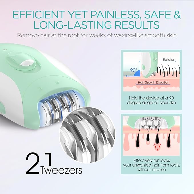 Epilator for Women-Cordless Epilators Hair Removal for Women, 4-in-1 Electric Razor Hair Remover, 2 Speeds & 21 Tweezers for Face Legs Arms Armpit Bikini, Green HR310