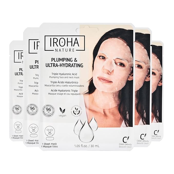 IROHA NATURE Replumping & Anti-Aging Tissue Face Mask (Pack of 5) | With Triple Hyaluronic Acid | Deep Hydration & Anti-Aging Effect | For Softer Skin | 100% Vegan