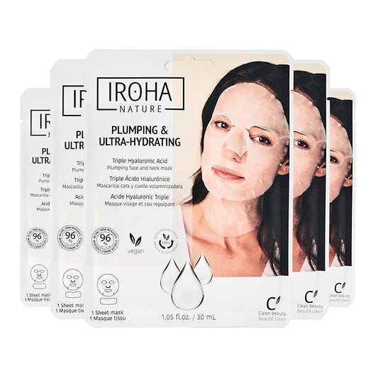 IROHA NATURE Replumping & Anti-Aging Tissue Face Mask (Pack of 5) | With Triple Hyaluronic Acid | Deep Hydration & Anti-Aging Effect | For Softer Skin | 100% Vegan