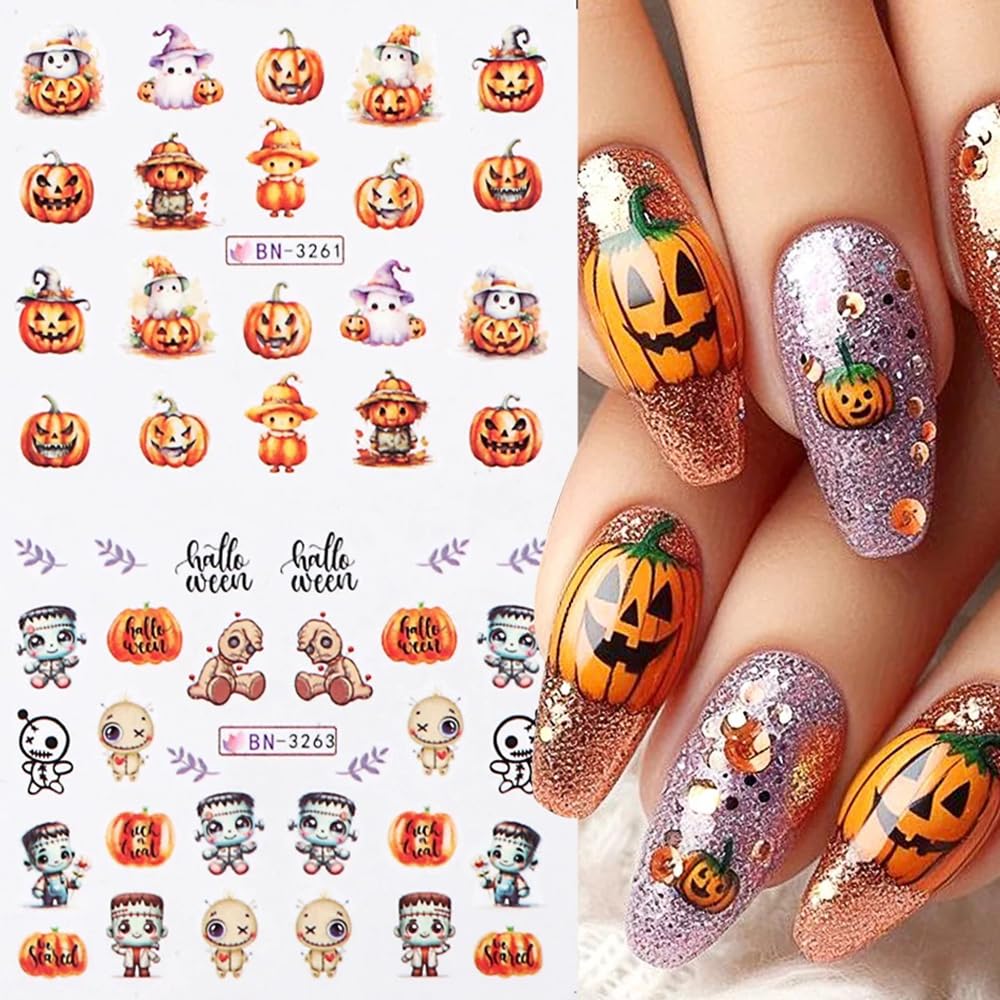 12 Sheets Halloween Nail Art Stickers Pink Pumpkin Water Transfer Nail Decals Cute Ghost Spider Skeleton Acrylic Nail Stickers for Women DIY Manicure Tips Halloween Nail Art Decorations Supplies