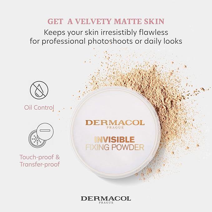 Dermacol - Invisible Fixing Face Powder, Touch-proof Translucent Setting Powder for Oily Skin & Other Skin Types, Loose Powder Makeup, Frangrance-Free Matte Powder with Powder Puff, Natural, 13.5 g