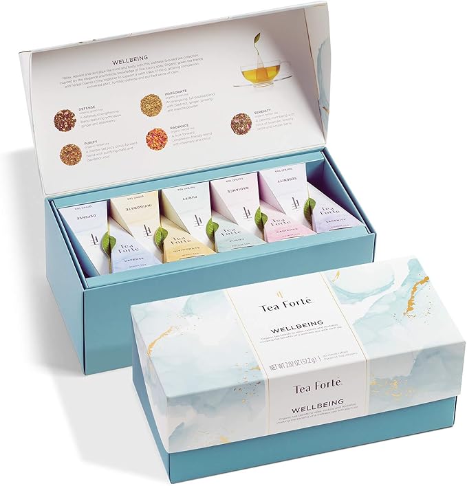Tea Forte Wellbeing Assorted Presentation Box Tea Gift Set, 20 Count, 2 of Each Variety Individually Wrapped Handcrafted Pyramid Infuser Bags