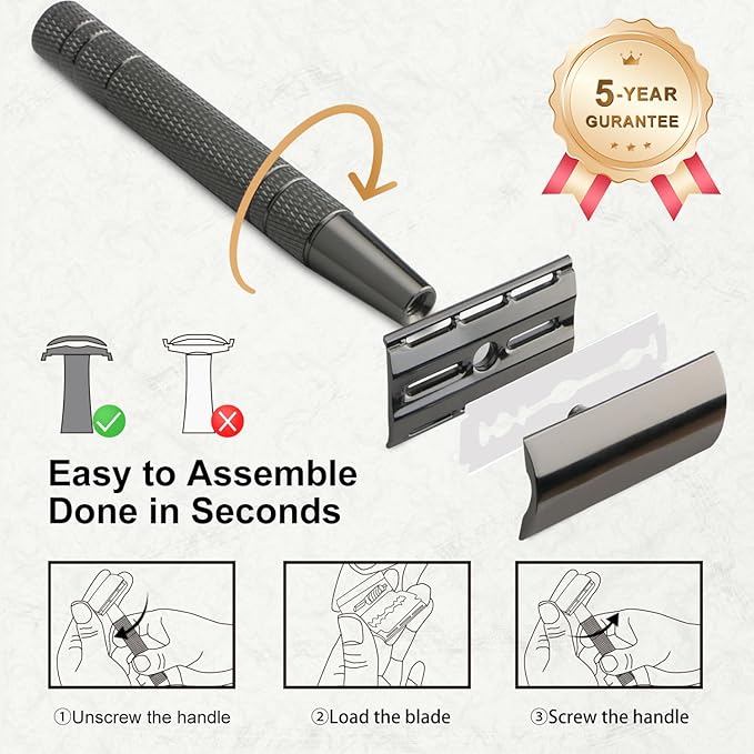 Gun Black Safety Razor, Single Blade Razors for Men & Women, with 10 Stainless Steel Double Edge Blades, Reusable Metal Razor, 1 Blade Razors, Eco-Friendly, Smooth and Close Shave, Plastic Free