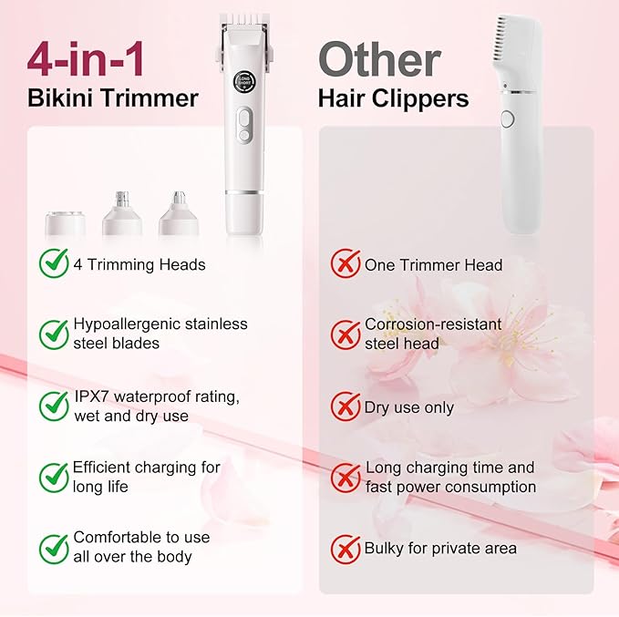 Bikini Trimmer for Women, 4 in 1 Wet/Dry Electric Razors for Women - Dual Head, Painless Rechargeable Portable Womens Razors for Shaving Set for Face, Nose, Eyebrows, Armpits, Bikini Area (White)